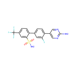 Nc1ncc(-c2ccc(-c3ccc(C(F)(F)F)cc3S(N)(=O)=O)cc2F)cn1 ZINC000224785464