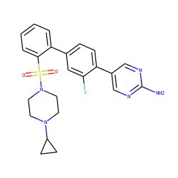 Nc1ncc(-c2ccc(-c3ccccc3S(=O)(=O)N3CCN(C4CC4)CC3)cc2F)cn1 ZINC000224690799