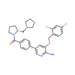 Nc1ncc(-c2ccc(C(=O)N3CCC[C@@H]3CN3CCCC3)cc2)cc1OCc1ccc(Cl)cc1Cl ZINC000072183048