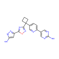 Nc1ncc(-c2ccc(C3(c4noc(-c5cc(N)[nH]n5)n4)CCC3)cn2)cn1 ZINC000096175413