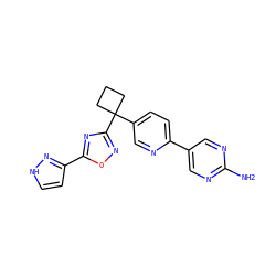 Nc1ncc(-c2ccc(C3(c4noc(-c5cc[nH]n5)n4)CCC3)cn2)cn1 ZINC000096175407