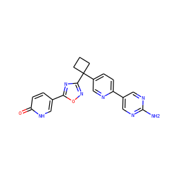 Nc1ncc(-c2ccc(C3(c4noc(-c5ccc(=O)[nH]c5)n4)CCC3)cn2)cn1 ZINC000096175513