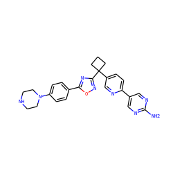 Nc1ncc(-c2ccc(C3(c4noc(-c5ccc(N6CCNCC6)cc5)n4)CCC3)cn2)cn1 ZINC000096175467