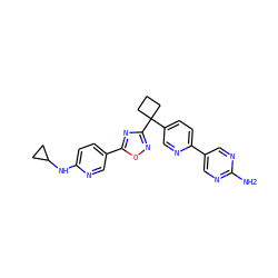 Nc1ncc(-c2ccc(C3(c4noc(-c5ccc(NC6CC6)nc5)n4)CCC3)cn2)cn1 ZINC000114767925