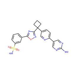 Nc1ncc(-c2ccc(C3(c4noc(-c5cccc(S(N)(=O)=O)c5)n4)CCC3)cn2)cn1 ZINC000096175422