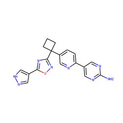 Nc1ncc(-c2ccc(C3(c4noc(-c5cn[nH]c5)n4)CCC3)cn2)cn1 ZINC000096175495