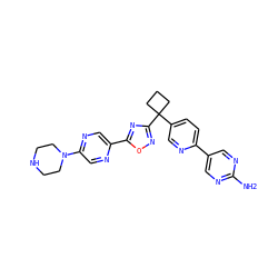 Nc1ncc(-c2ccc(C3(c4noc(-c5cnc(N6CCNCC6)cn5)n4)CCC3)cn2)cn1 ZINC000096175465