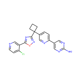 Nc1ncc(-c2ccc(C3(c4noc(-c5cnccc5Cl)n4)CCC3)cn2)cn1 ZINC000096175493