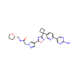 Nc1ncc(-c2ccc(C3(c4noc(-c5cnn(CC(=O)NC[C@@H]6CCCO6)c5)n4)CCC3)cn2)cn1 ZINC000096175562