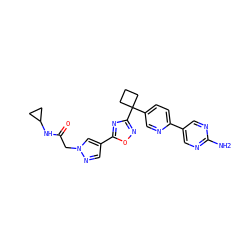 Nc1ncc(-c2ccc(C3(c4noc(-c5cnn(CC(=O)NC6CC6)c5)n4)CCC3)cn2)cn1 ZINC000096175561