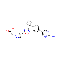 Nc1ncc(-c2ccc(C3(c4noc(-c5cnn(CC(=O)O)c5)n4)CCC3)cc2)cn1 ZINC000150069075