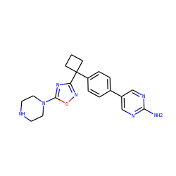 Nc1ncc(-c2ccc(C3(c4noc(N5CCNCC5)n4)CCC3)cc2)cn1 ZINC000205623404