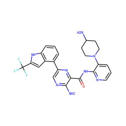 Nc1ncc(-c2cccc3[nH]c(C(F)(F)F)cc23)nc1C(=O)Nc1ncccc1N1CCC(N)CC1 ZINC001772645257