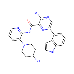 Nc1ncc(-c2cccc3[nH]ccc23)nc1C(=O)Nc1ncccc1N1CCC(N)CC1 ZINC001772582314