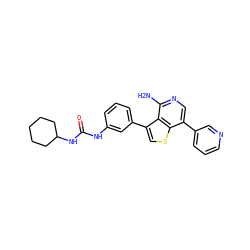 Nc1ncc(-c2cccnc2)c2scc(-c3cccc(NC(=O)NC4CCCCC4)c3)c12 ZINC000095596879