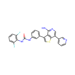 Nc1ncc(-c2cccnc2)c2scc(-c3cccc(NC(=O)Nc4c(F)cccc4F)c3)c12 ZINC000095597644
