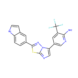 Nc1ncc(-c2cnc3sc(-c4ccc5[nH]ccc5c4)nn23)cc1C(F)(F)F ZINC000114041304