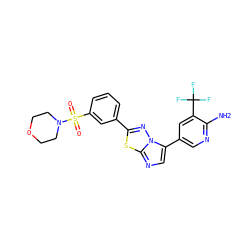 Nc1ncc(-c2cnc3sc(-c4cccc(S(=O)(=O)N5CCOCC5)c4)nn23)cc1C(F)(F)F ZINC000114041000