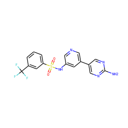 Nc1ncc(-c2cncc(NS(=O)(=O)c3cccc(C(F)(F)F)c3)c2)cn1 ZINC000073195678