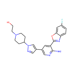 Nc1ncc(-c2cnn(C3CCN(CCO)CC3)c2)cc1-c1nc2ccc(F)cc2o1 ZINC000084653763