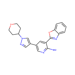 Nc1ncc(-c2cnn(C3CCOCC3)c2)cc1-c1nc2ccccc2o1 ZINC000053230880