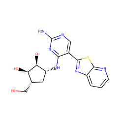 Nc1ncc(-c2nc3cccnc3s2)c(N[C@@H]2C[C@H](CO)[C@@H](O)[C@H]2O)n1 ZINC000207524650