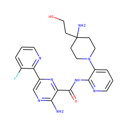 Nc1ncc(-c2ncccc2F)nc1C(=O)Nc1ncccc1N1CCC(N)(CCO)CC1 ZINC001772592847