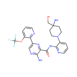 Nc1ncc(-c2ncccc2OC(F)(F)F)nc1C(=O)Nc1ncccc1N1CCC(N)(CO)CC1 ZINC001772646356