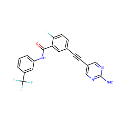 Nc1ncc(C#Cc2ccc(F)c(C(=O)Nc3cccc(C(F)(F)F)c3)c2)cn1 ZINC000014957121