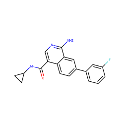 Nc1ncc(C(=O)NC2CC2)c2ccc(-c3cccc(F)c3)cc12 ZINC000144775849