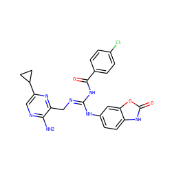 Nc1ncc(C2CC2)nc1C/N=C(/NC(=O)c1ccc(Cl)cc1)Nc1ccc2[nH]c(=O)oc2c1 ZINC000473154687