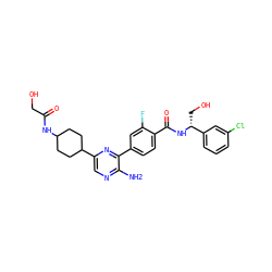 Nc1ncc(C2CCC(NC(=O)CO)CC2)nc1-c1ccc(C(=O)N[C@H](CO)c2cccc(Cl)c2)c(F)c1 ZINC001772618248
