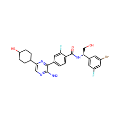 Nc1ncc(C2CCC(O)CC2)nc1-c1ccc(C(=O)N[C@@H](CO)c2cc(F)cc(Br)c2)c(F)c1 ZINC001772618240