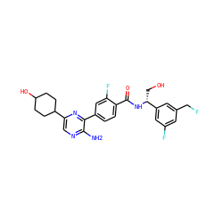 Nc1ncc(C2CCC(O)CC2)nc1-c1ccc(C(=O)N[C@H](CO)c2cc(F)cc(CF)c2)c(F)c1 ZINC001772581411