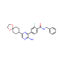 Nc1ncc(C2CCC3(CC2)OCCO3)nc1-c1ccc(C(=O)NCc2ccccc2)c(F)c1 ZINC001772602999