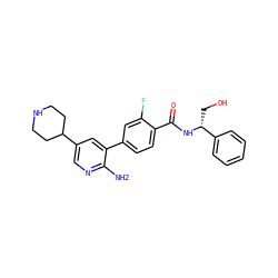 Nc1ncc(C2CCNCC2)cc1-c1ccc(C(=O)N[C@H](CO)c2ccccc2)c(F)c1 ZINC001772597733