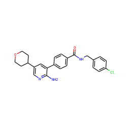 Nc1ncc(C2CCOCC2)cc1-c1ccc(C(=O)NCc2ccc(Cl)cc2)cc1 ZINC001772606347