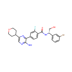 Nc1ncc(C2CCOCC2)nc1-c1ccc(C(=O)N[C@H](CO)c2cccc(Br)c2)c(F)c1 ZINC001772628612