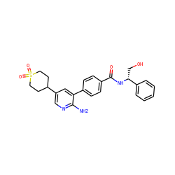 Nc1ncc(C2CCS(=O)(=O)CC2)cc1-c1ccc(C(=O)N[C@H](CO)c2ccccc2)cc1 ZINC001772599838