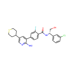 Nc1ncc(C2CCSCC2)cc1-c1ccc(C(=O)N[C@H](CO)c2cccc(Cl)c2)c(F)c1 ZINC001772575074