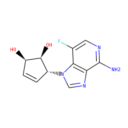 Nc1ncc(F)c2c1ncn2[C@@H]1C=C[C@@H](O)[C@H]1O ZINC000143000829