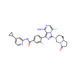 Nc1ncc(F)n2c([C@@H]3CC[C@H]4CCC(=O)N4C3)nc(-c3ccc(C(=O)Nc4cc(C5CC5)ccn4)cc3F)c12 ZINC000145602591