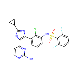 Nc1nccc(-c2[nH]c(C3CC3)nc2-c2cccc(NS(=O)(=O)c3c(F)cccc3F)c2Cl)n1 ZINC000116344585