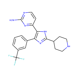 Nc1nccc(-c2[nH]c(C3CCNCC3)nc2-c2cccc(C(F)(F)F)c2)n1 ZINC000004617900