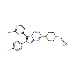 Nc1nccc(-c2c(-c3ccc(F)cc3)nc3cc(C4CCN(CC5CC5)CC4)ccn23)n1 ZINC000040428682