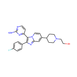 Nc1nccc(-c2c(-c3ccc(F)cc3)nc3cc(C4CCN(CCO)CC4)ccn23)n1 ZINC000040974858
