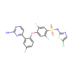 Nc1nccc(-c2cc(F)ccc2Oc2cc(F)c(S(=O)(=O)Nc3ncc(Cl)s3)cc2F)n1 ZINC000095582800