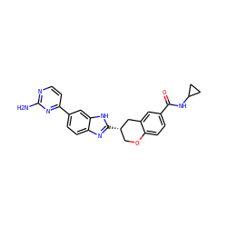Nc1nccc(-c2ccc3nc([C@H]4COc5ccc(C(=O)NC6CC6)cc5C4)[nH]c3c2)n1 ZINC000040860506