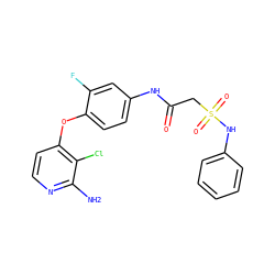 Nc1nccc(Oc2ccc(NC(=O)CS(=O)(=O)Nc3ccccc3)cc2F)c1Cl ZINC000169333303
