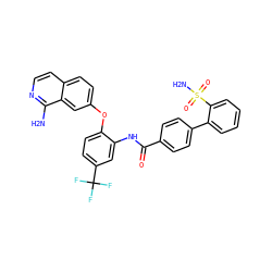 Nc1nccc2ccc(Oc3ccc(C(F)(F)F)cc3NC(=O)c3ccc(-c4ccccc4S(N)(=O)=O)cc3)cc12 ZINC000029400151